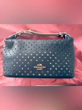 Coach Perforated Leather Shoulder Bag in Navy Coach Leather Women From Japan